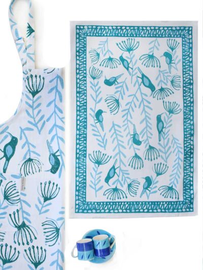 Pincushion Sugarbird Trellis- Blue Lagoon - Tea Towel - 68x46 - Printed