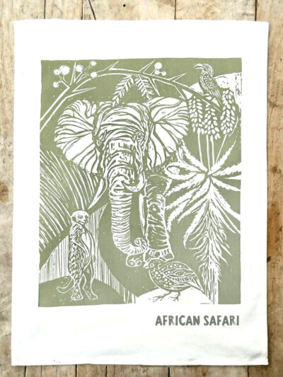 Elephant & Meerkat - Sage - Tea Towel - 68x46 - Printed